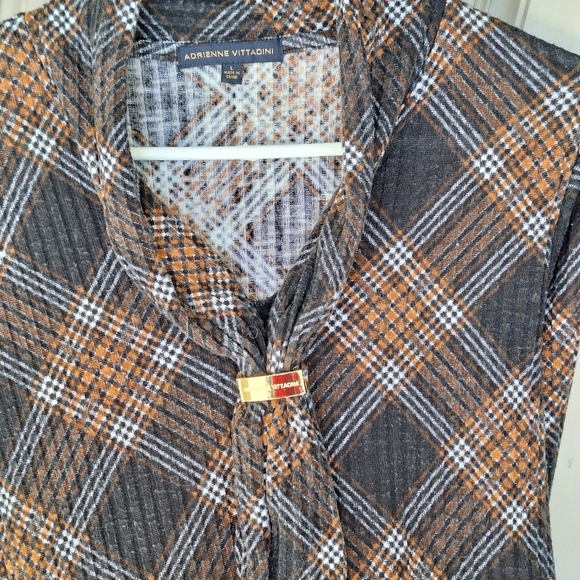 VTG Adrienne Vittadini Dress SzL  Ribbed Knit Lt Weight Plaid Drop Waist Logo - Picture 5 of 10